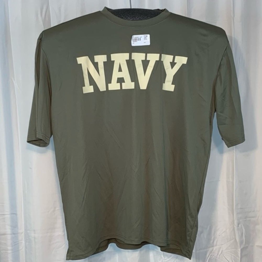 XDRI NWT olive drab green “NAVY” short sleeve tee shirt.